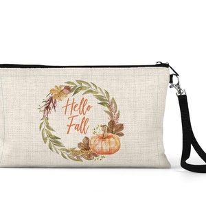 Hello Fall Linen Cosmetic Bag, Fall Makeup Bag, Pumpkin Accessory Tote, Personalized Fall Zipper Pouch