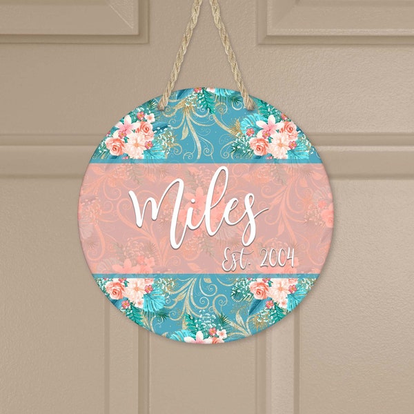 Teal Floral Door Hanger, Teal Door Hanger, Personalized Door Hanger, Custom Door Hanger, Teal Coral Door Sign