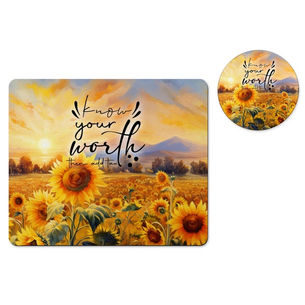 Know Your Worth Desk Set, Inspirational Mousepad, Sunflower Mouse Pad, Friend Gift, Teacher Gift, Coworker Gift, Desk Decor, Office Decor