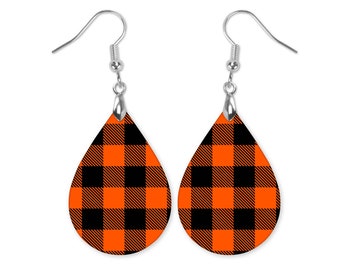 Orange Black Buffalo Plaid Earrings, Plaid Teardrop Earrings, Hardboard Dangle Earrings, Fall Plaid Earrings, Orange Plaid Earrings
