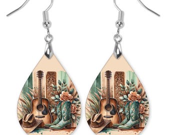 Western Earrings, Country Music Jewelry, Guitar Earrings, Cowboy Boots Earrings, Rodeo Fashion, Cowgirl Gift, Lightweight Dangle Earrings