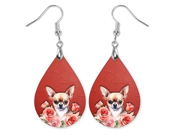 Red Floral Chihuahua Dangle Earrings, Chihuahua Earrings, Chihuahua Lover Earrings, Dog  Earrings, Gift For Dog Mom