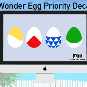 May include: A computer screen displaying four different colored eggs with various patterns. The eggs are labeled "Wonder Egg Priority Decal" and the text "TheKiwiCodex" is at the bottom of the screen.