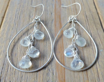 Rainbow Moonstone Silver Teardrop Hoop Earrings