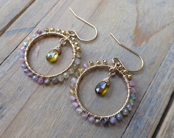 Tiny Watermelon Tourmaline Wired Circle with Single Drop Chandelier Earrings - Gold