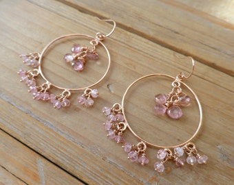 Blossom Pink Tourmaline Fringe Rose Gold Chandelier Hoop Earrings