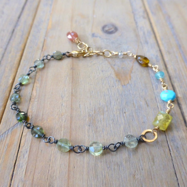 Green Tourmaline and Mixed Gem Chain Bracelet in Gold and Blackened Silver