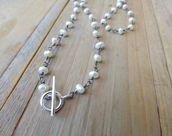 Pearl Rosary Wrapped Toggle Necklace in Oxidised Silver