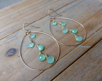 Apple Green Chrysoprase and Gold Teardrop Hoop Earrings