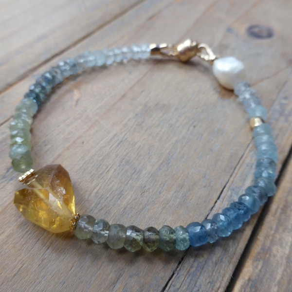 One of a Kind Moss Aquamarine Beryl bracelet with Single Faceted Citrine and Pearl Gold Bracelet