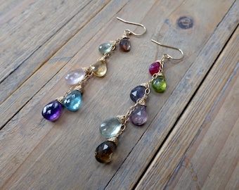 Mixed Gemstone Dangling Gold Cluster Earrings