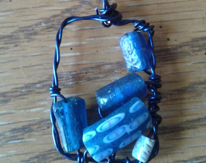 Blue rectangle wire wrapped pendant