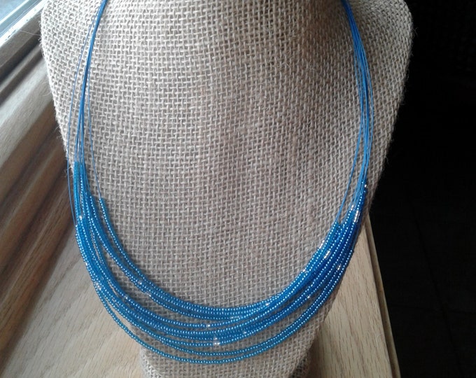 Blue & silver seed bead multistrand necklace