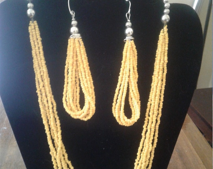 Yellow beaded tassle earrings & necklace Set