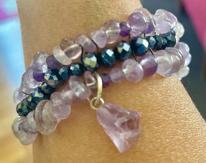 Amethyst & Ametrine stretchy bracelet with black glass beads