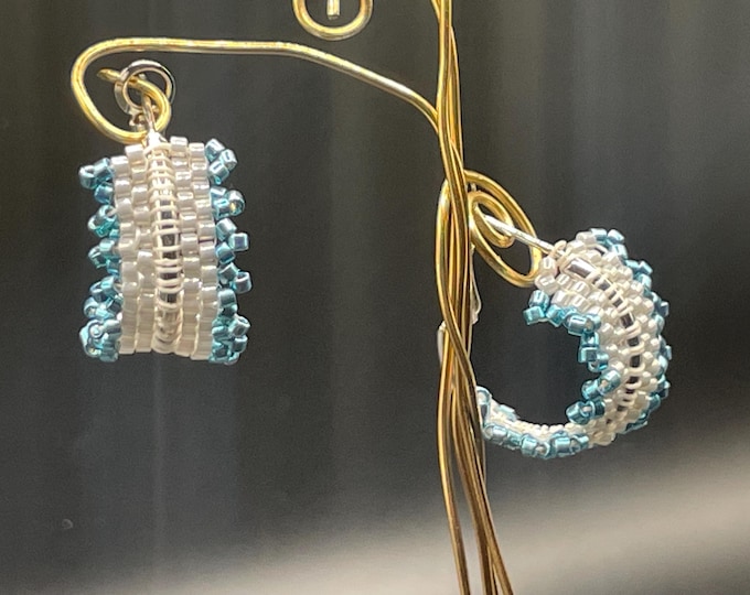 Beaded hoop earrings Teal silver ivory Gift for her