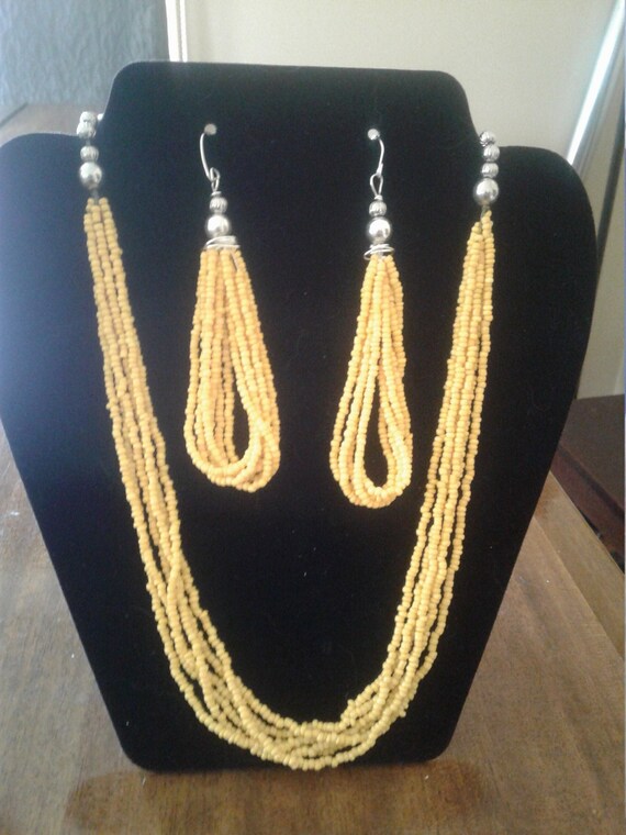 Yellow beaded tassle earrings & necklace Set