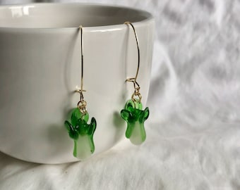 gold wire bok choy glass earrings