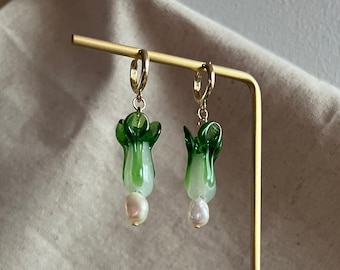 bok choy pearl huggie earrings, cute cottage core vibes, vegetable inspired jewelry, unique gifts for her, pretty little things