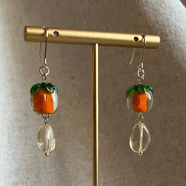 persimmon glass beaded citrine earrings, cute fruit earrings, cottage core vibes, crystal jewelry, personalizable