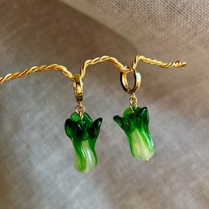 Classic Bok Choy Gold Huggie Earrings | green veggie, leafy fruity food, fun whimsical coquette, customizable, unique present handmade gift