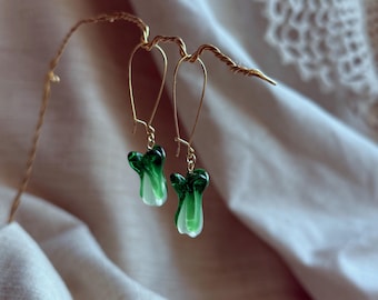 gold wire bok choy glass ear wire drop earrings | gift for her, veggie food earring, fruit food themed, cute fun coquette, green lucky charm