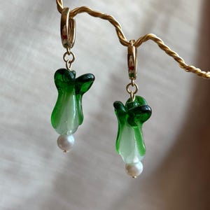 Classic bok choy pearl huggie earrings, cute cottage core vibes, vegetable inspired jewelry, unique gifts for her, pretty little things