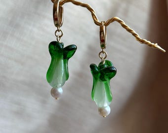 Classic bok choy pearl huggie earrings, cute cottage core vibes, vegetable inspired jewelry, unique gifts for her, pretty little things