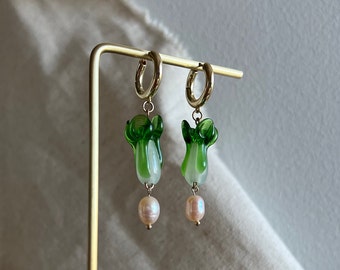 chunky gold hoop bok choy freshwater pearl earrings, unique gifts for her, vegetable earring, cute cottage core earring
