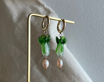 chunky gold hoop bok choy freshwater pearl earrings | unique gifts for her, vegetable earring, cute cottage core earring, customizabl