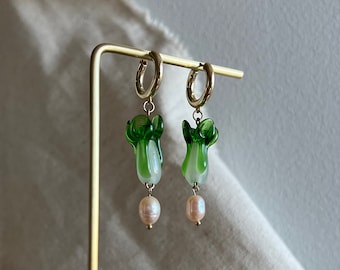 chunky gold hoop bok choy freshwater pearl earrings, unique gifts for her, vegetable earring, cute cottage core earring