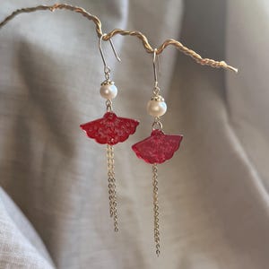Red Chinese Fan Glass and Pearl Gold Dangle Drop Earrings | asian jewelry, lunar new year, whimsical cute elegant butterfly, gift for her