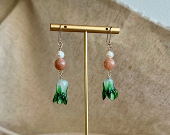 Pearl sunstone crystal bok choy beaded gold drop earrings || whimsical cool earring, cottage core, food themed, lucky, fun gift for her