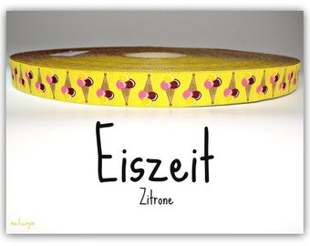 2 Meter Webband "Eiszeit" zitrone ; gelb, Eiswaffeln, Kugeleis, Eiscreme, Borte, Band (1,50 Euro/m)