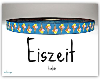 2 Meter Webband "Eiszeit" türkis; Eiswaffeln, Kugeleis, Eiscreme, Borte, Band (1,50 Euro/m)