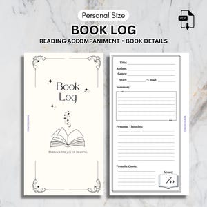 Pode incluir: Um diário de leitura creme com texto e ilustrações pretas. A capa diz "Book Log" com um gráfico de livro aberto. As páginas internas incluem seções para título, autor, gênero, resumo e pensamentos pessoais. O texto "Embrace the Joy of Reading" está na parte inferior.