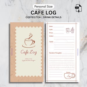 May include: A personal-size cafe log notebook with a coffee cup illustration. The cover is tan with the words "Cafe Log" and "Coffee or Tea, Enjoy the Good Things!" The interior pages have sections for drink details and a score.
