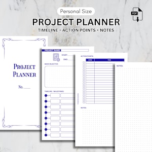 May include: A white project planner with blue text and design elements. The planner includes sections for project name, objectives, timeline, action points, and notes. The text reads "PROJECT PLANNER" and "TIMELINE • ACTION POINTS • NOTES".