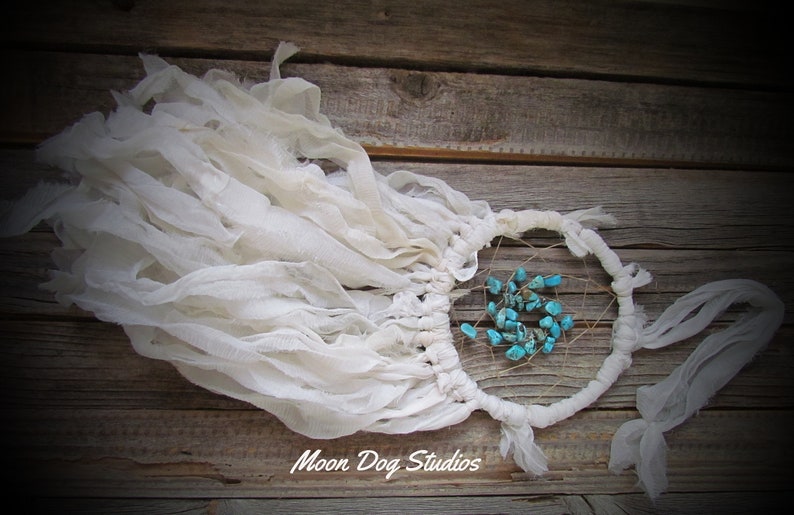 White BOHO Turquoise Beaded DREAM CATCHERWhite Silk image 0