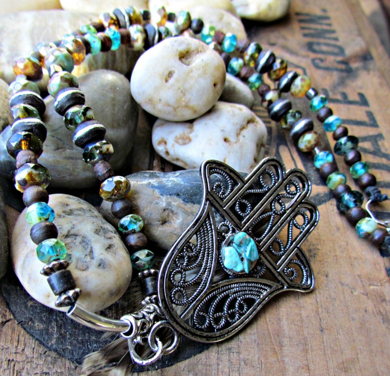 Gypsy NecklaceHAMSA Turquoise Pendant NECKLACELOTUS Charm image 0