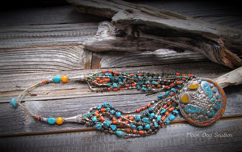 TIBETAN Pendant NecklaceNepalese Coral & Turquoise Beaded image 0