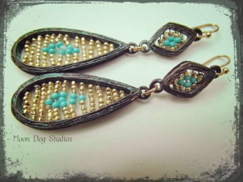 HAND WOVEN Earrings Blue & GoldSeed Bead Dangle Metal image 0