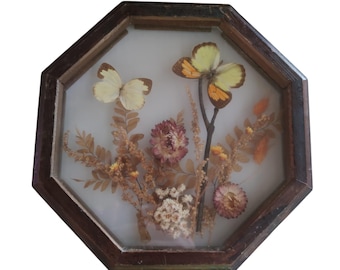 Vintage octagonal wood frame,pressed flowers and butterflies,shadow box.