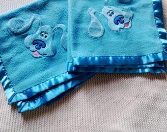 Two small vintage Blues Clues blankets,16&quot; x 16&quot; inches,satin edges. From Luvs.