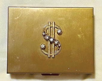 Goldtone Retro Novelty White Rhinestone Dollar Sign Rectangle Coin Compact (#D)