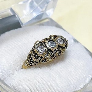 x 14k Yellow Gold Electroplated Elaborate Lace Victorian Revival Three Rhinestone Ring (#0)