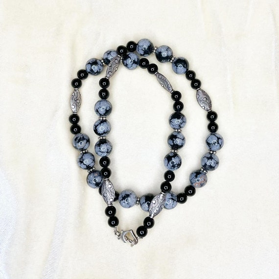 x Silvertone Polished Snowflake Obsidian Handmade… - image 2