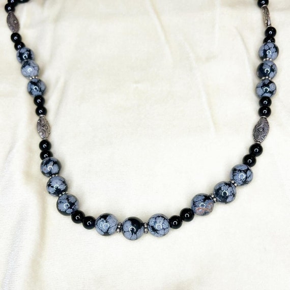 x Silvertone Polished Snowflake Obsidian Handmade… - image 1