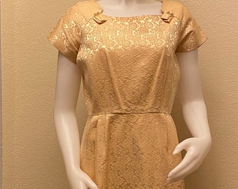 1960's Gold Cocktail Dress with Floral Design and Rhinestone accents.