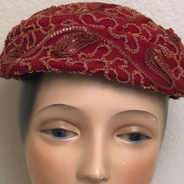 1950's Red Felt Hat With Sequins and Braid